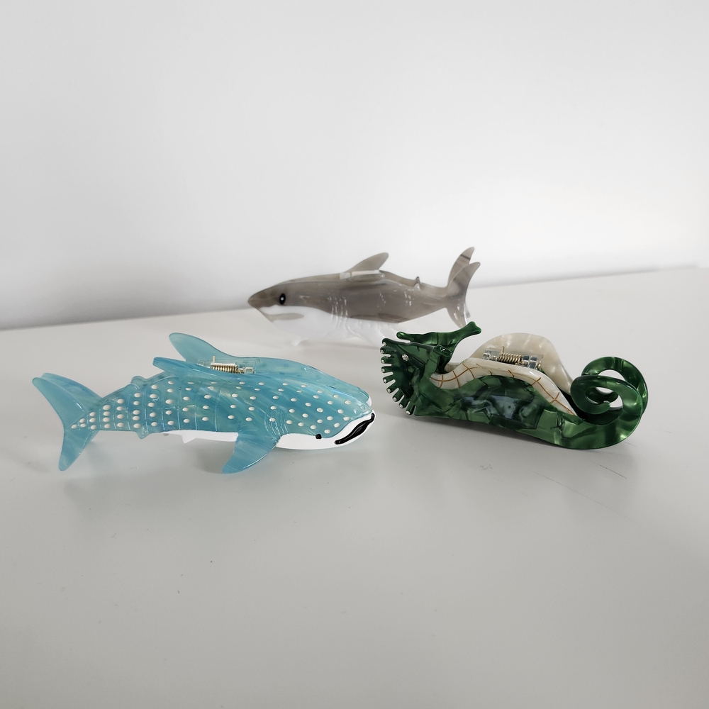 Hair Clips Set of Three Ocean Animals Whale Shark Seahorse